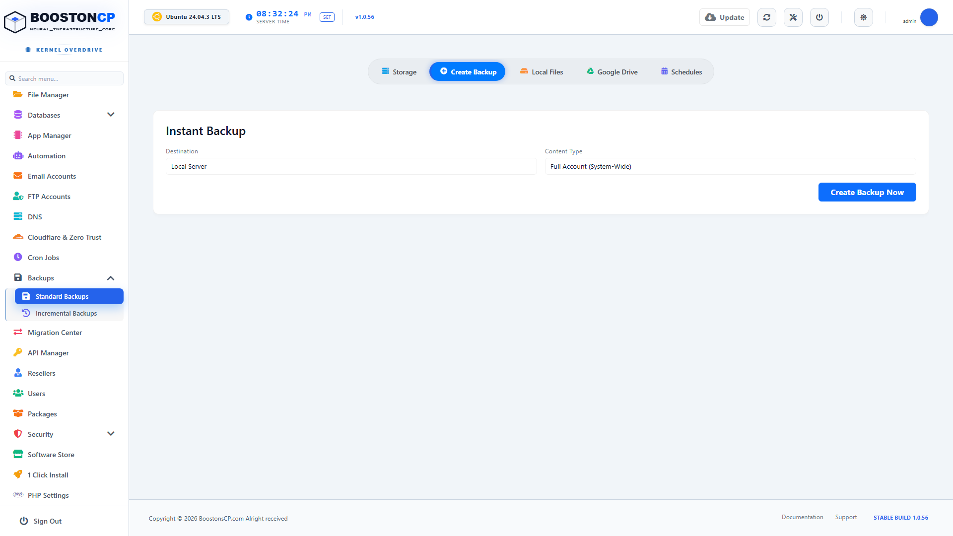 BoostonCP Create Backup Tab