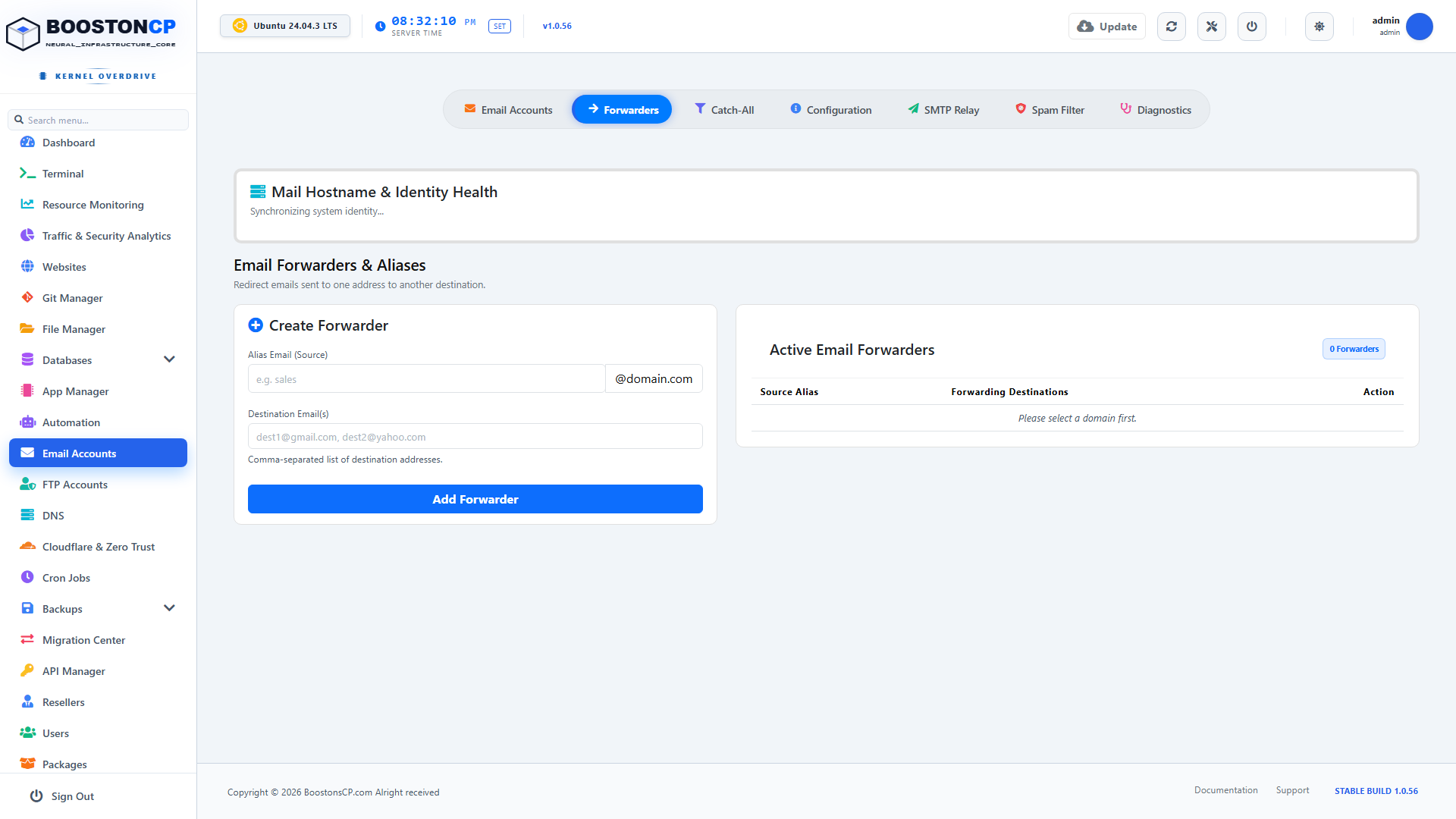 BoostonCP Email Forwarders Tab