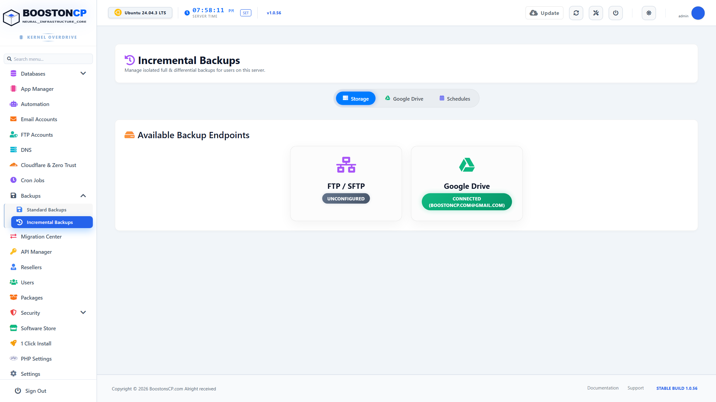 BoostonCP Incremental Backup Storage Tab