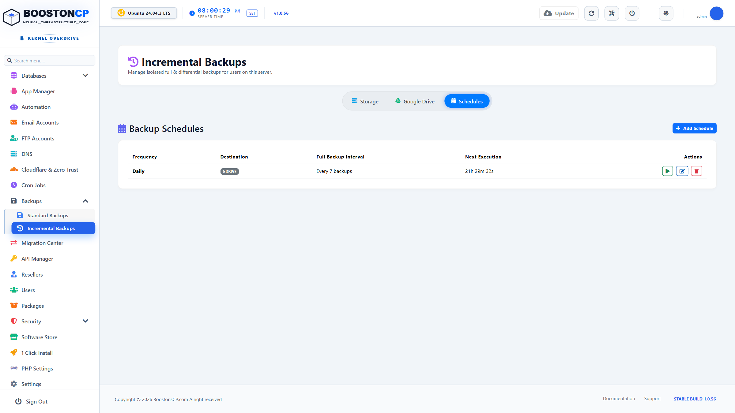 BoostonCP Incremental Backup Schedules Tab