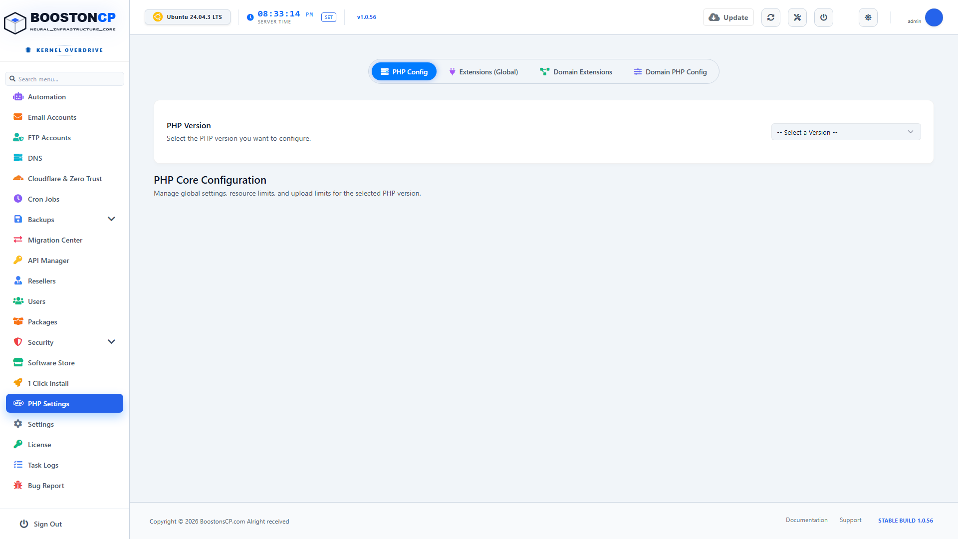 BoostonCP PHP Core Settings Tab