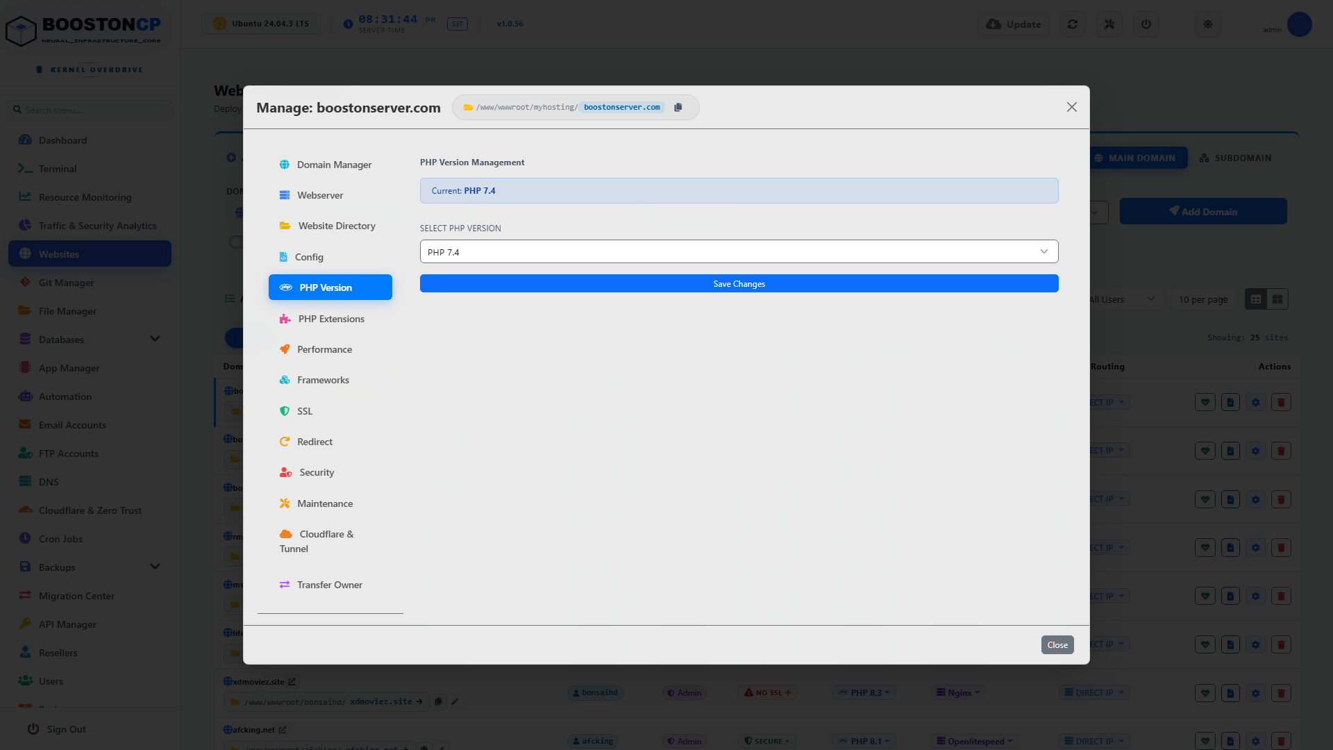 BoostonCP PHP Version Switcher Tab