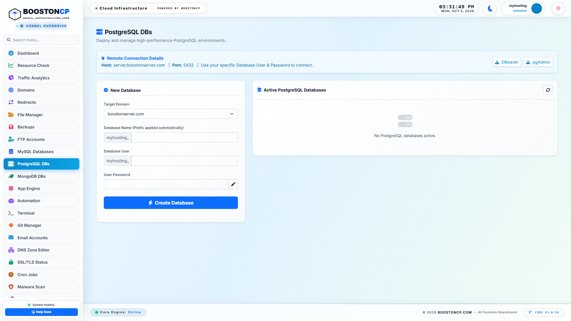 BoostonCP User PostgreSQL Database Management Console
