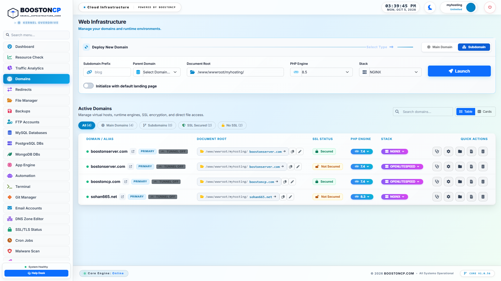 BoostonCP Domains Hub: Dedicated Staging Subdomains, Document Roots, and Independent PHP Versions