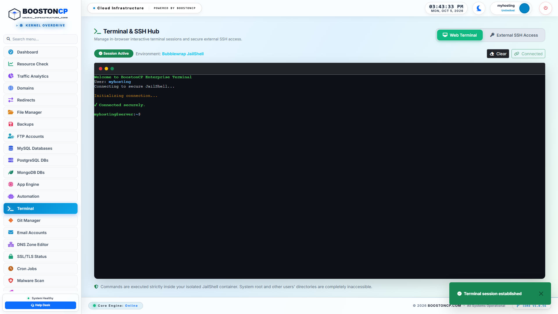 BoostonCP Bubblewrap & JailShell Terminal: Chroot Filesystem Sandboxing and Read-Only Kernel Namespaces
