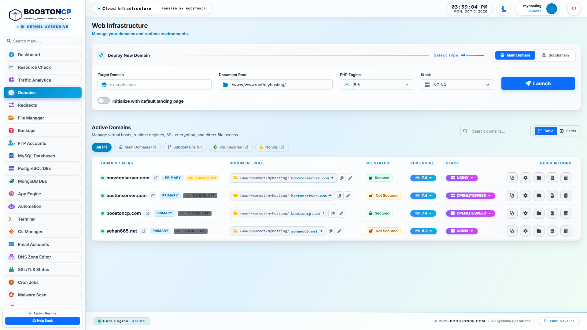 BoostonCP Domains Hub: Origin Masking, Webserver Routing and Multi-Domain Governance