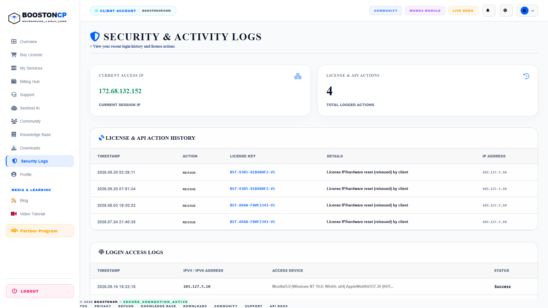 BoostonCP Security & Activity Logs