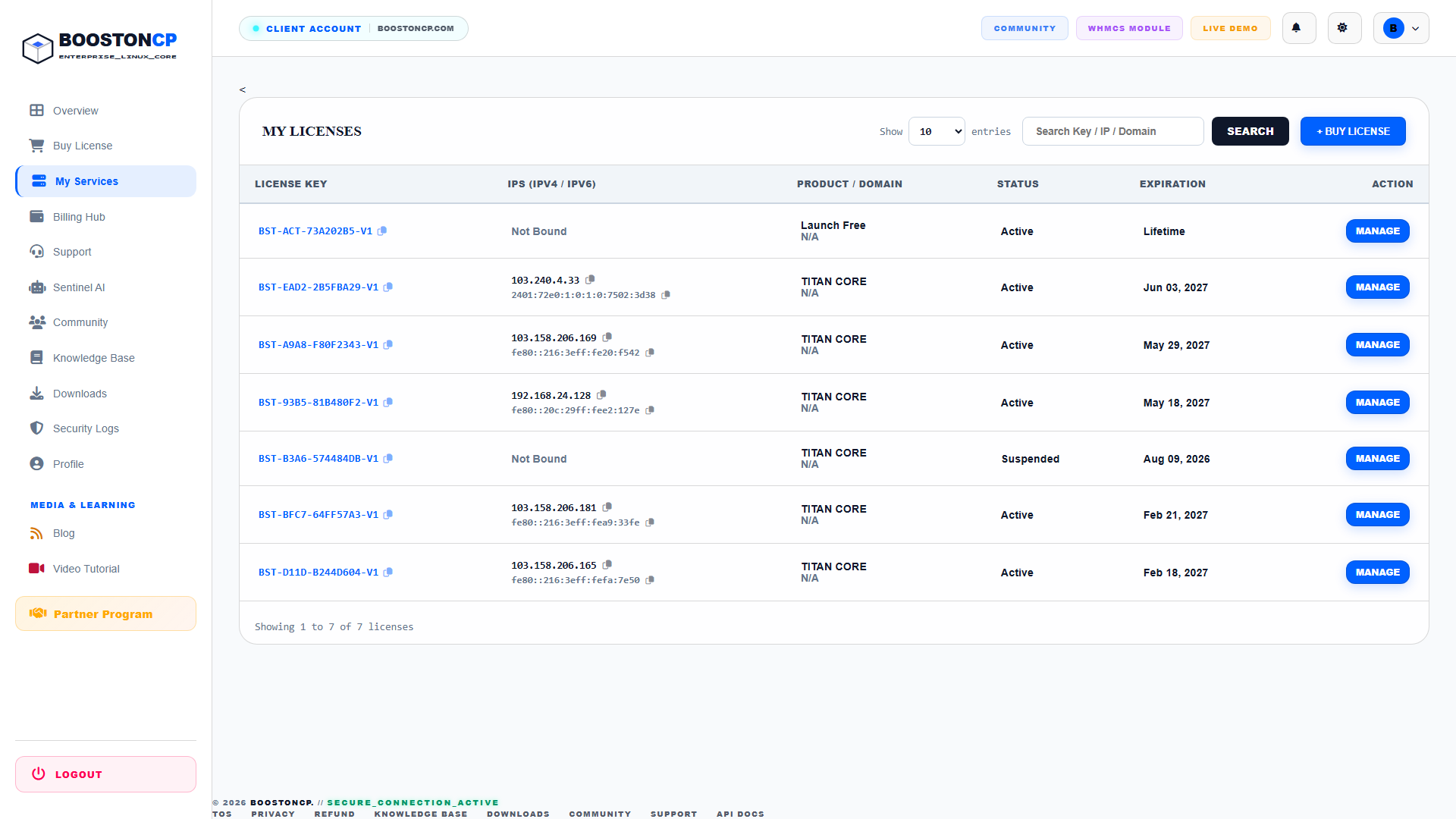 BoostonCP My Licenses Management Interface