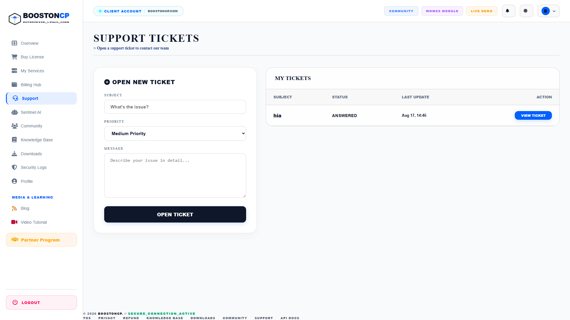 BoostonCP Support Tickets Interface