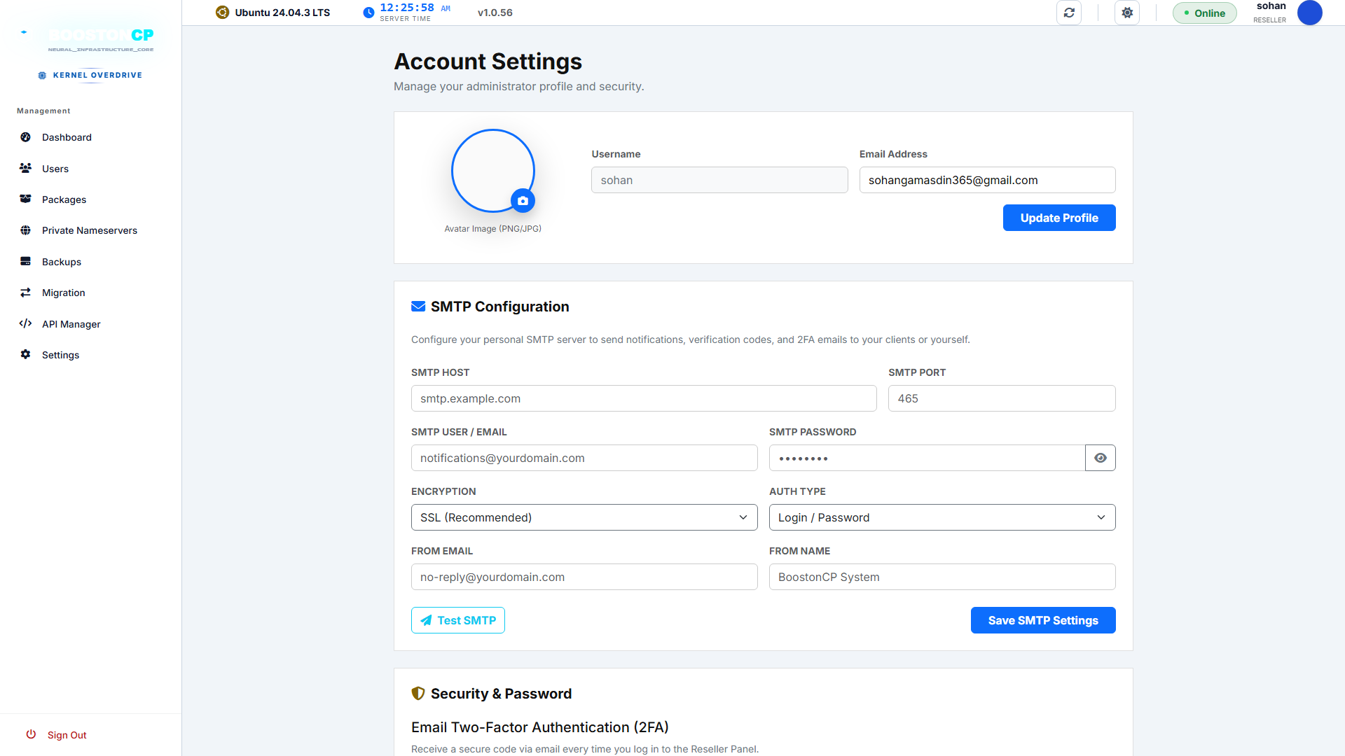 BoostonCP Reseller Profile & Security Management