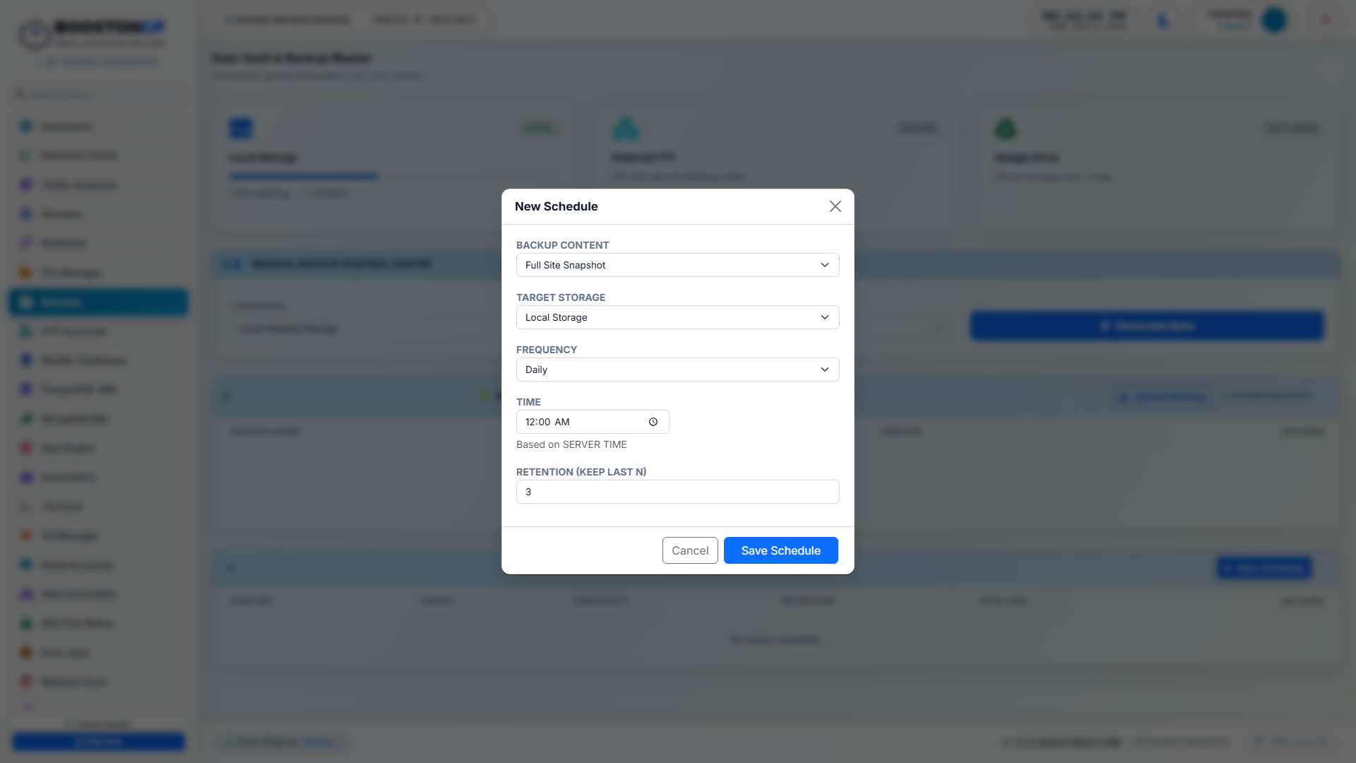 BoostonCP Backup Schedules Configuration