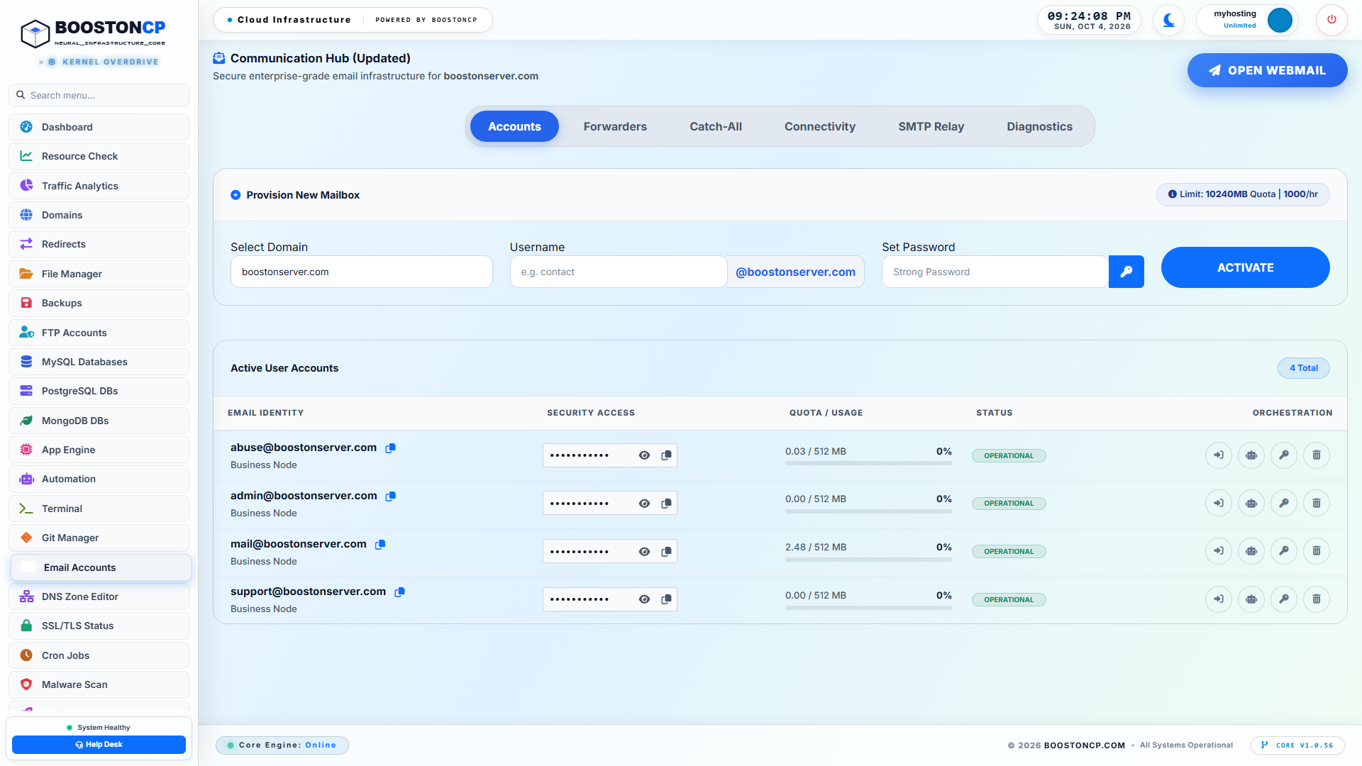 BoostonCP Email Accounts Management Overview