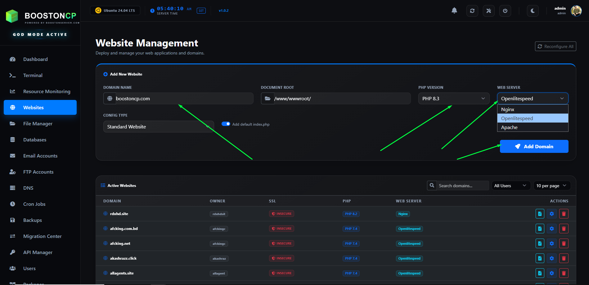 BoostonCP Nginx Control Panel Interface